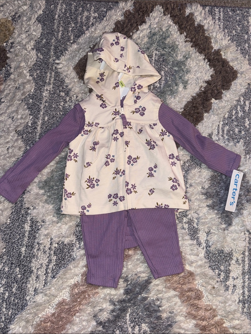 Carter's Lavender Ribbed Three-Piece Set with Cream Floral Hood